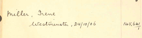 Entry for Irene Miller in the index to suffragettes arrested